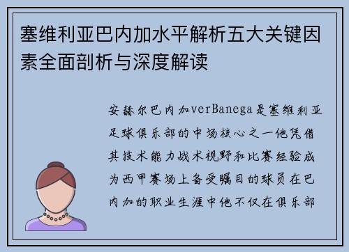 塞维利亚巴内加水平解析五大关键因素全面剖析与深度解读