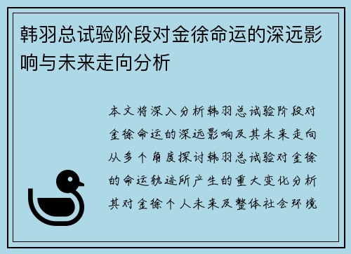 韩羽总试验阶段对金徐命运的深远影响与未来走向分析 韩羽总试验阶段对金徐命运的深远影响与未来走向分析