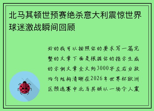 北马其顿世预赛绝杀意大利震惊世界球迷激战瞬间回顾